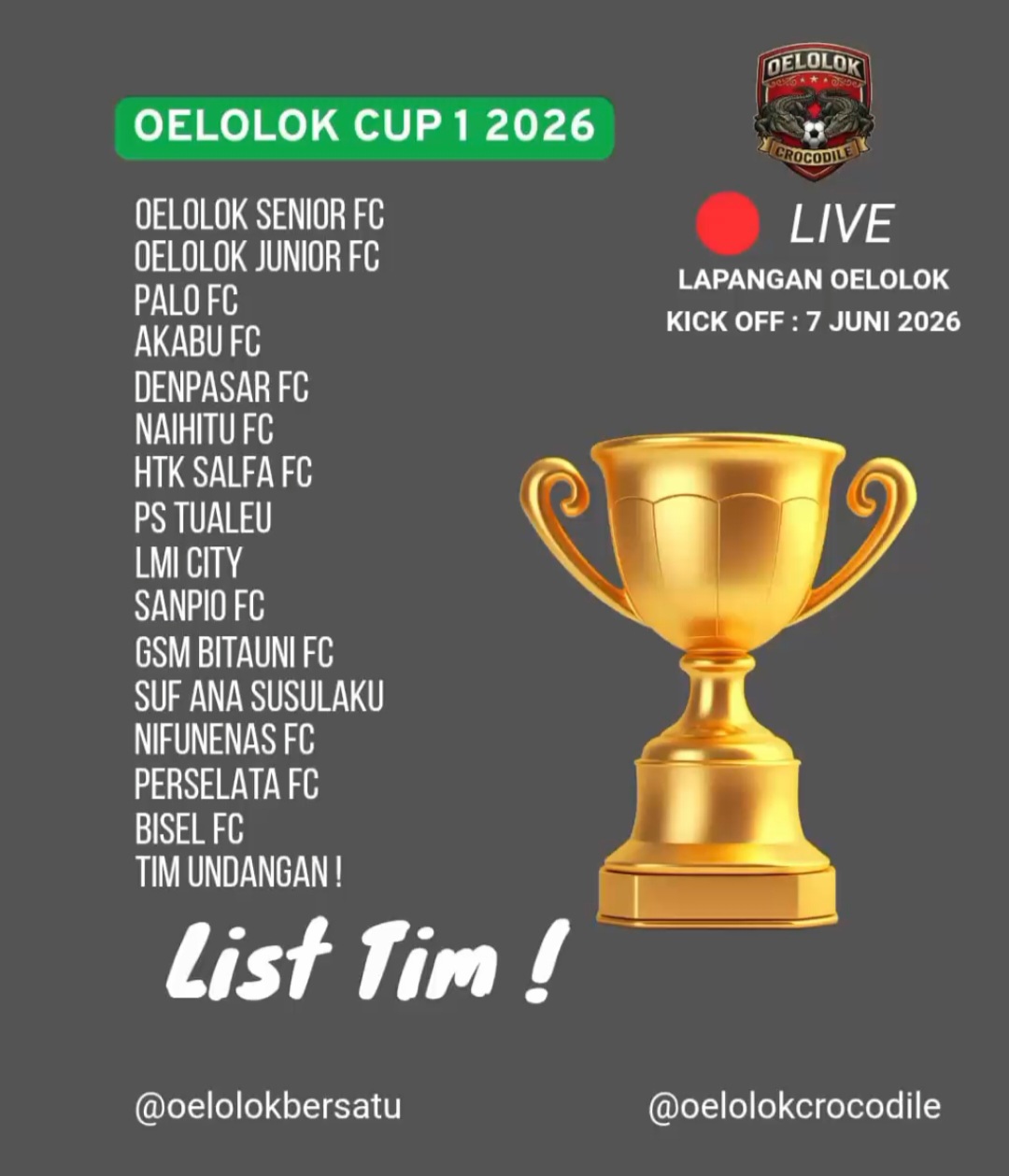 Oelolok Cup I 2026 Resmi Bergulir 7 Juni, 16 Tim Siap Ramaikan Turnamen Sepak Bola Mini