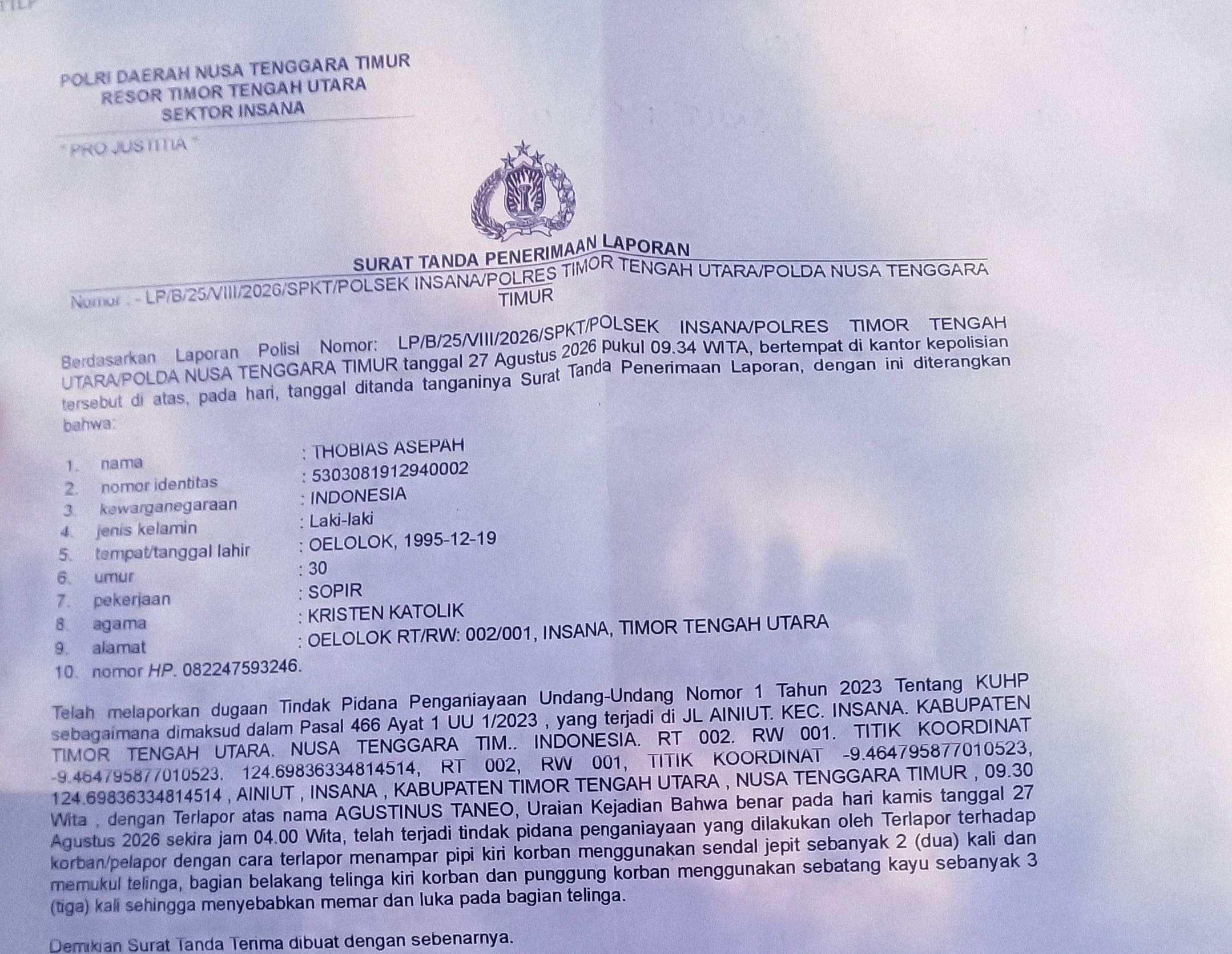 Diduga Dianiaya Pakai Sandal dan Kayu, Warga Insana Laporkan ASN Agustinus Taneo ke Polisi